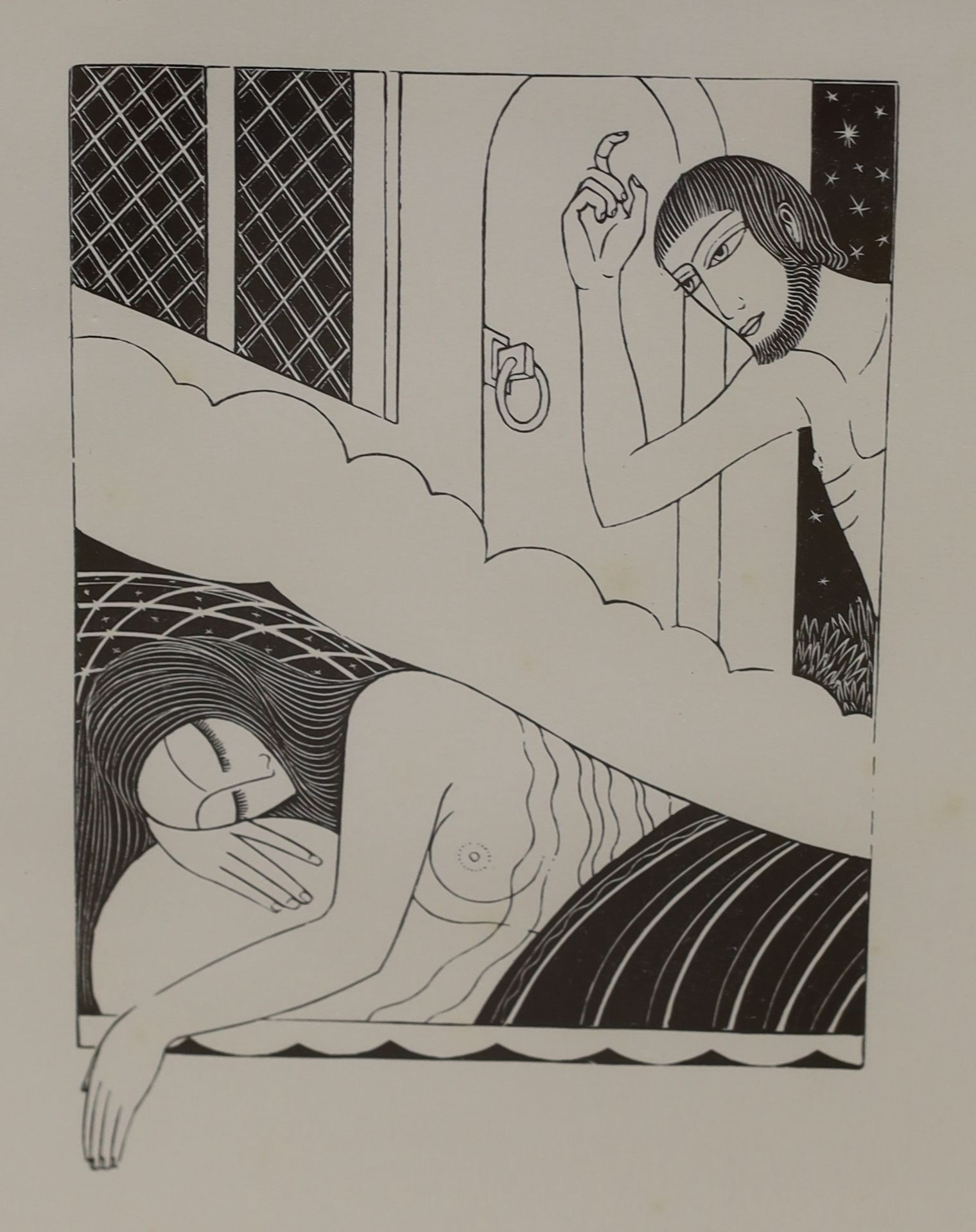 Eric Gill (1882-1940), two engravings, Embracing couple and Bedroom scene, 12.5 x 7.5cm and 16 x 13cm